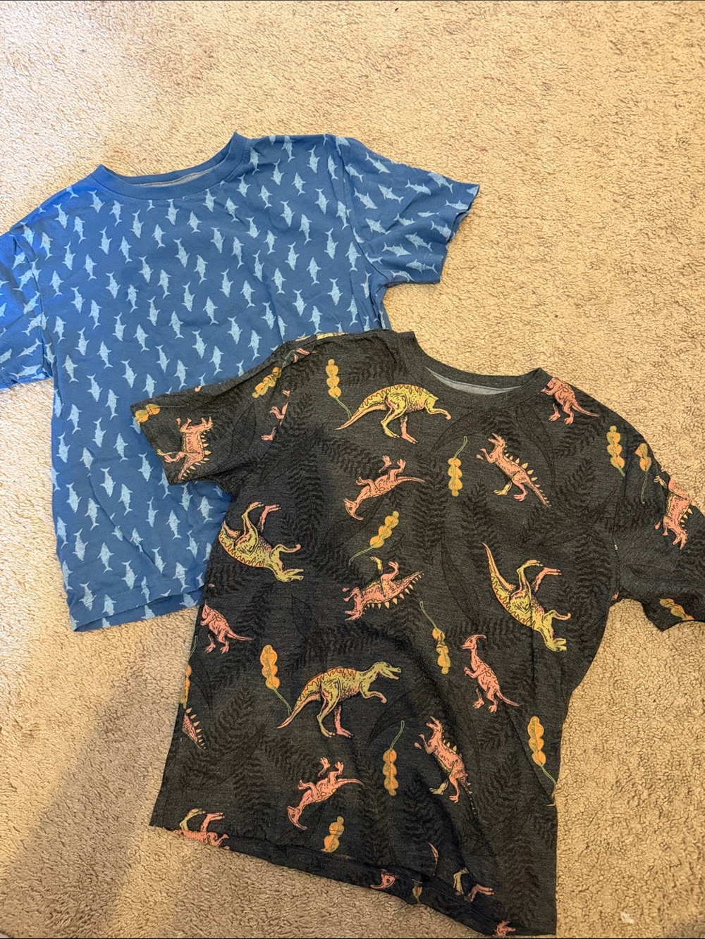 Kids' Dinosaur Print Short Sleeve Tee - Blue & Black and Blue Shark Tee- 2 Pack